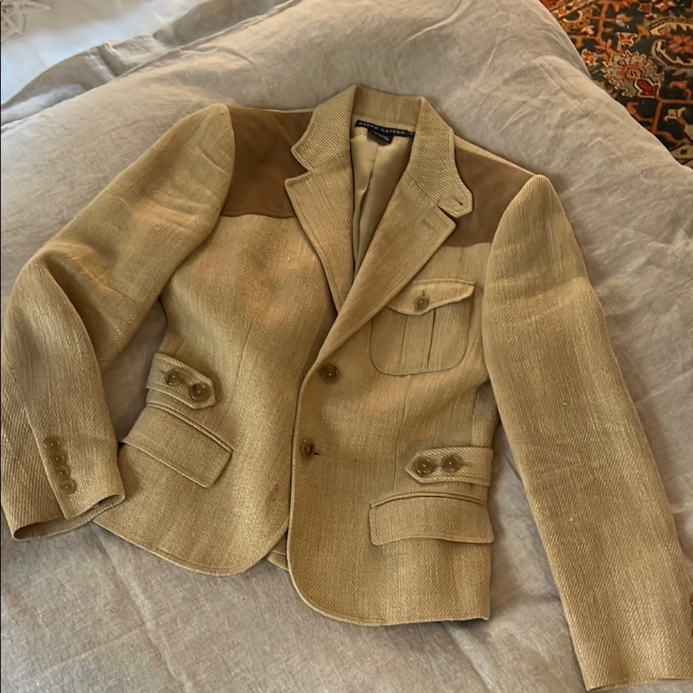 Ralph Lauren Blue Label Tan Linen Blazer with suede shoulders, Modern Fit size 6